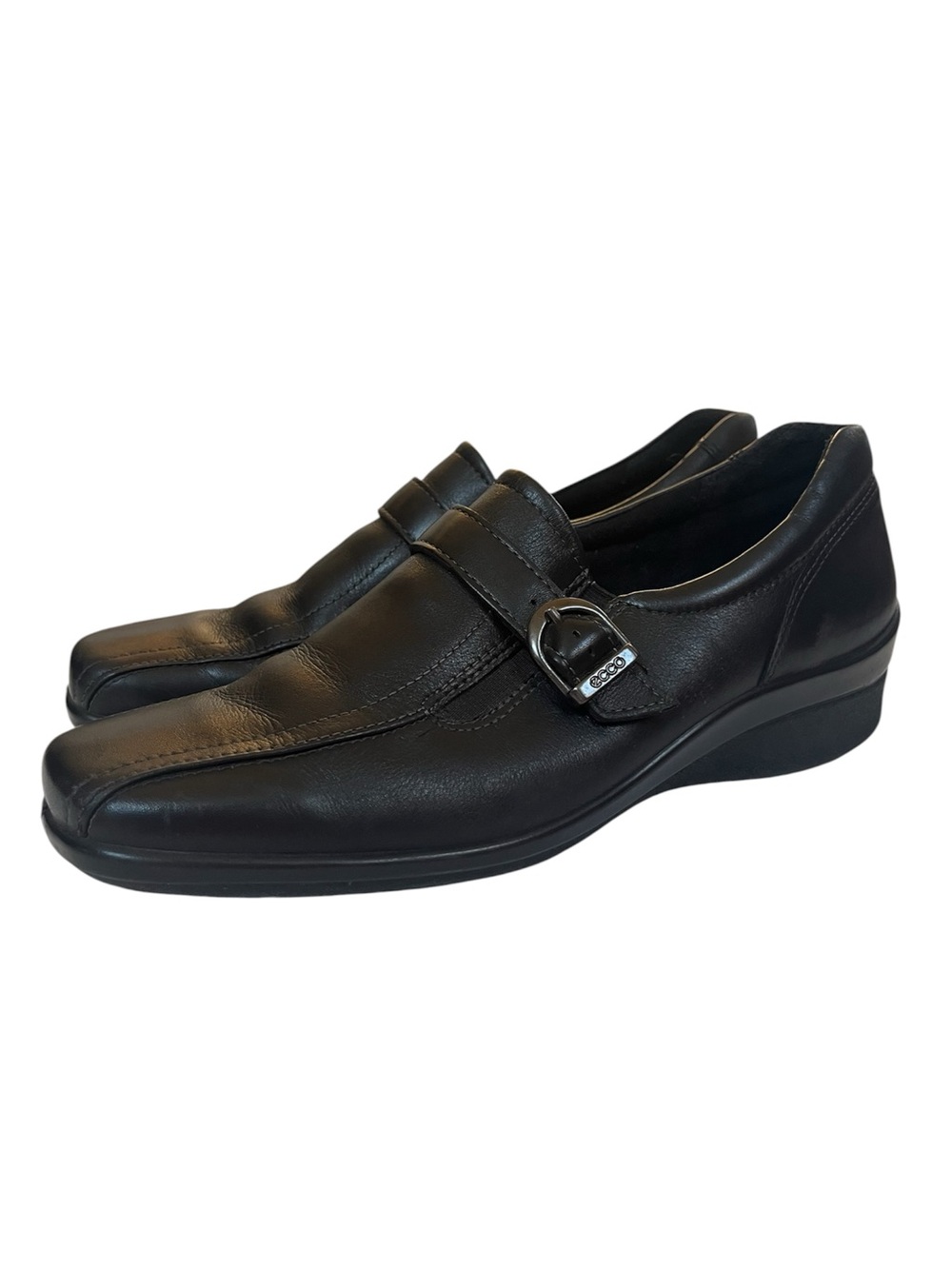 Ecco Light Black Leather Buckle Square Toe Quiet Luxury Mary Jane Loafers